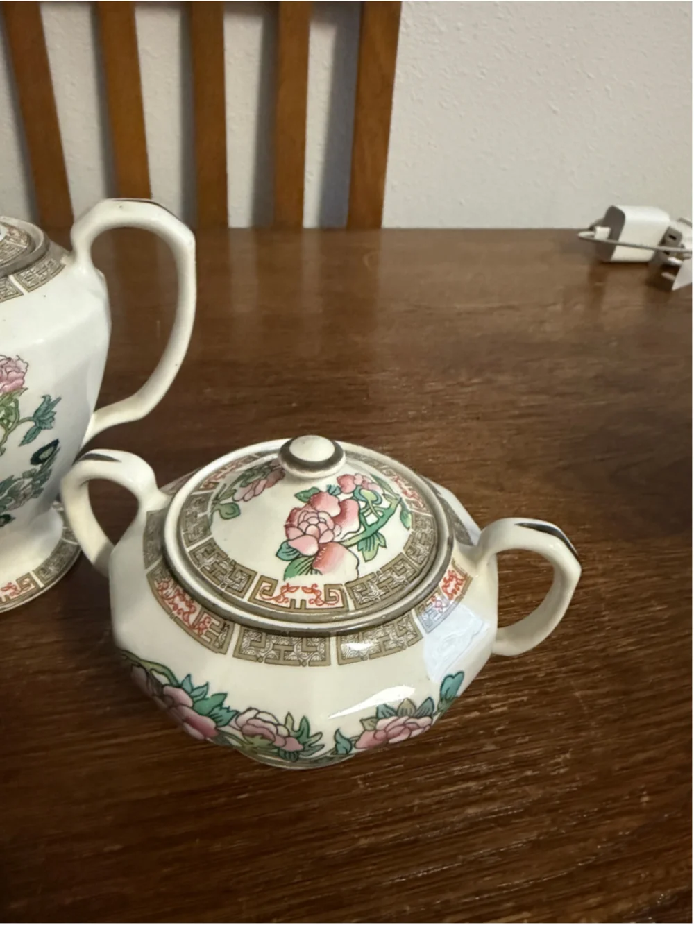 Vintage Wm M Knowles Vitreous China 3 Piece Tea Set Floral Teapot Sugar Bowl Cre